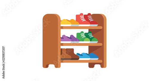 Wooden shoe rack with colorful sneakers and boots flat vector illustration