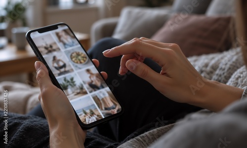 Hands holding a smartphone with a fitness app. Concept of overeating and eating disorders. Issues of depression and emotional eating. Food cravings, appetite, mental health, and digital media.
