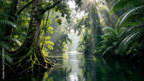 Floresta amazônica com rio de água escura e luz do dossel