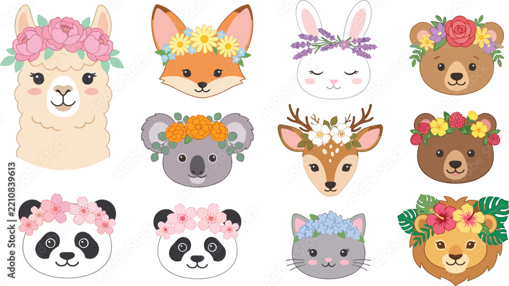 Obraz premium Cute Cartoon Animal Faces with Colorful Floral Crowns Vector Collection