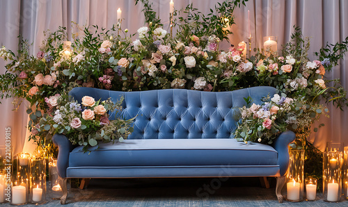 Stylish Outdoor Garden Setting with Wicker Sofa, Coffee Table, and Colorful Flowers for Relaxation 