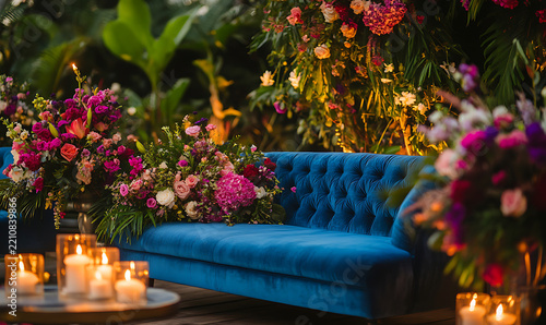 Stylish Outdoor Garden Setting with Wicker Sofa, Coffee Table, and Colorful Flowers for Relaxation 