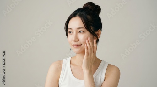 Beautiful young woman with clean, perfect skin. Portrait of a beauty model with natural nude makeup touching her face. Spa, skincare, and wellness. Close-up, copy space. 