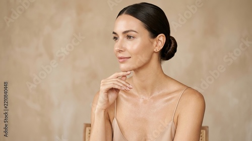 Beautiful young woman with clean, perfect skin. Portrait of a beauty model with natural nude makeup touching her face. Spa, skincare, and wellness. Close-up, copy space. 