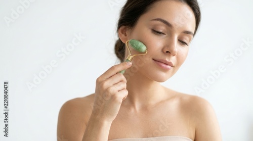 Beautiful young woman with clean, perfect skin. Portrait of a beauty model with natural nude makeup touching her face. Spa, skincare, and wellness. Close-up, copy space. 