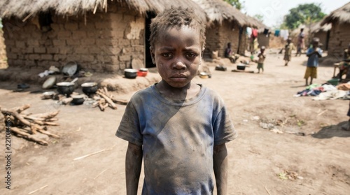 Sad African boy standing in a rural village with mud huts