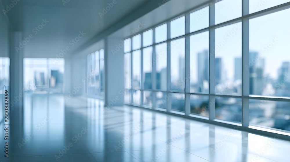 Fototapeta premium Modern empty office interior with large windows and city view