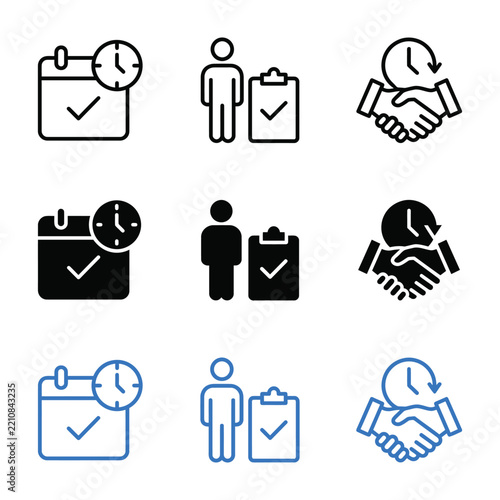 Set of business and project management icons featuring calendars and handshakes isolated on white background