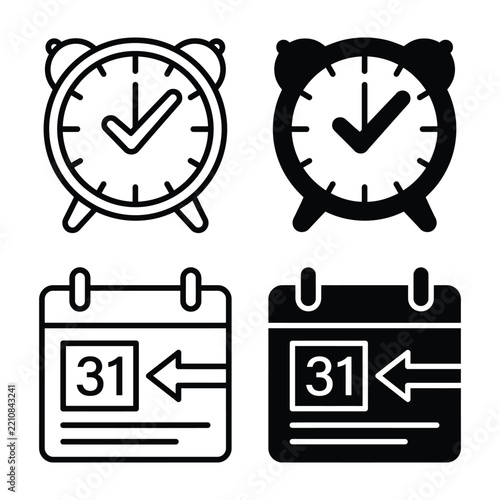 Set of alarm clock and calendar vector icons with checkmark and arrow symbols