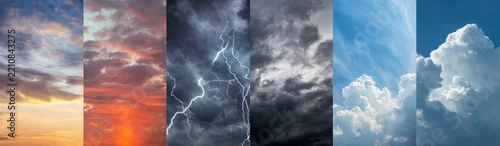 Panel kuchenny z motywem Weather forecast concept featuring a collage of contrasting atmospheric conditions, including sunset clouds, cloudy skies, dark storm clouds, lightning, towering cumulus clouds, and clear blue sky. 