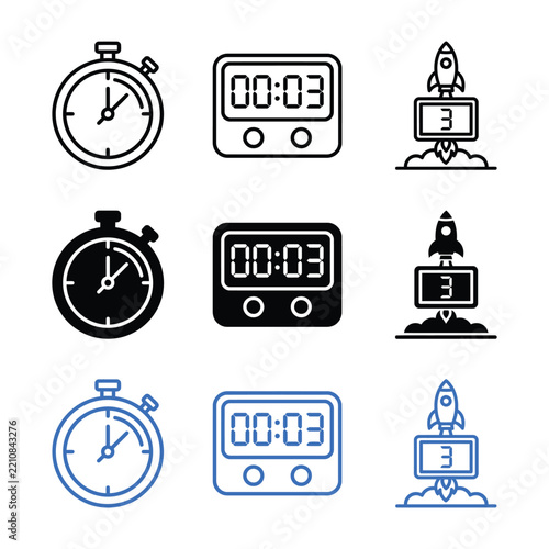 Set of countdown timer and rocket launch vector line icons isolated on transparent background