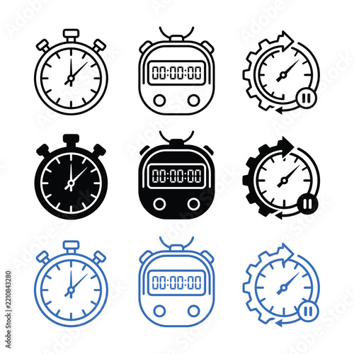 Set of diverse stopwatch and timer icons for time management design