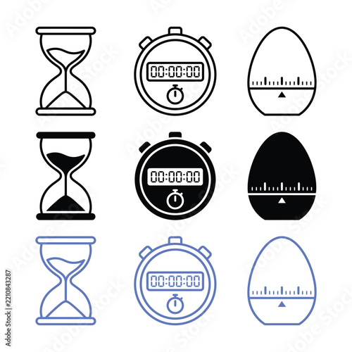 Set of diverse time measurement icons featuring hourglass stopwatches and kitchen timers isolated on white background