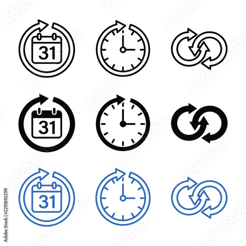 Set of flat vector time and date calendar icons with circular arrows isolated on white background