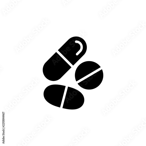 Black glyph icon of medical pills capsules and tablets representing healthcare with medicine capsules healthcare