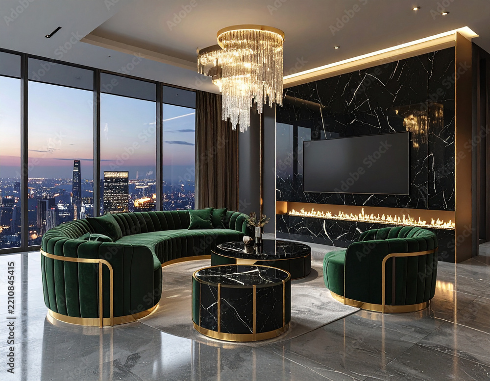 Fototapeta premium A luxurious penthouse living room at night featuring velvet emerald furniture, marble walls, and a glowing fireplace. This elegant space with nobody creates an atmosphere of wealth and calm.