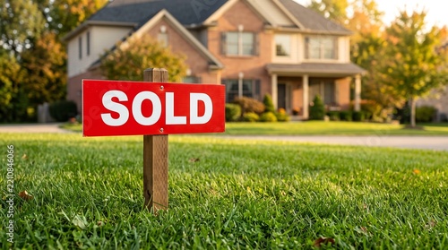 A red sold sign placed on the front lawn of a suburban family home.