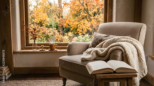 Cozy armchair with a soft blanket and an open book by a window overlooking a beautiful autumn forest