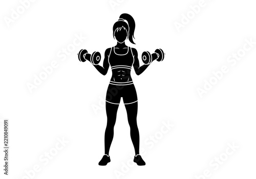 A strong and professional perfect woman silhouette doing bicep curls with two huge dumbbells fitness exercise silhouette