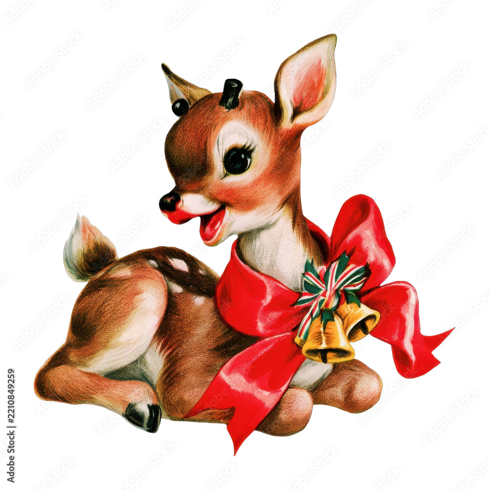 Obraz premium PNG Vintage Christmas fawn illustration with red bow and bells