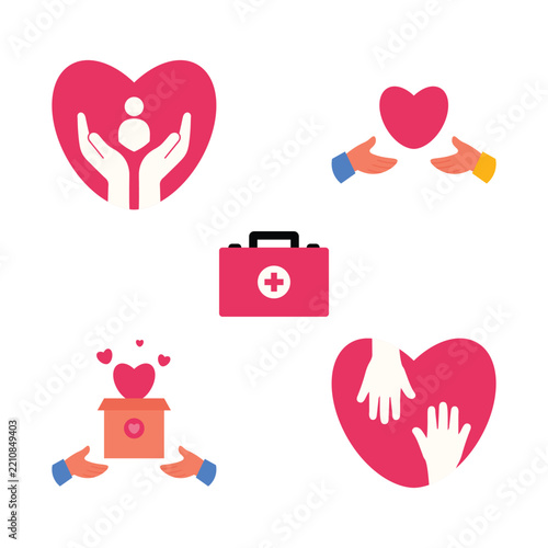 Humanitarian Charity Icons Set with Hearts and Medical Supplies