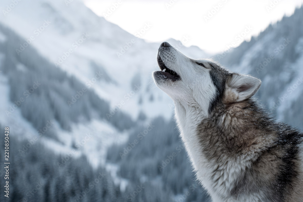 Fototapeta premium Wolf howling in a snowy landscape, surrounded by majestic mountains and evergreen trees, capturing the essence of wilderness and natural beauty in a serene environment