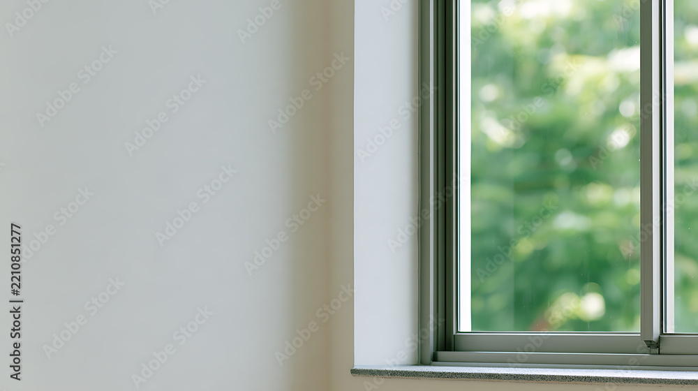 Fototapeta premium Minimalist interior design featuring a clean white wall and a modern glass window overlooking a lush green garden with natural bright sunlight