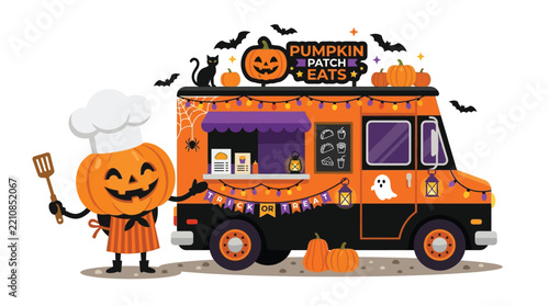 Spooky halloween food truck character with carved pumpkin head standing beside decorated vehicle