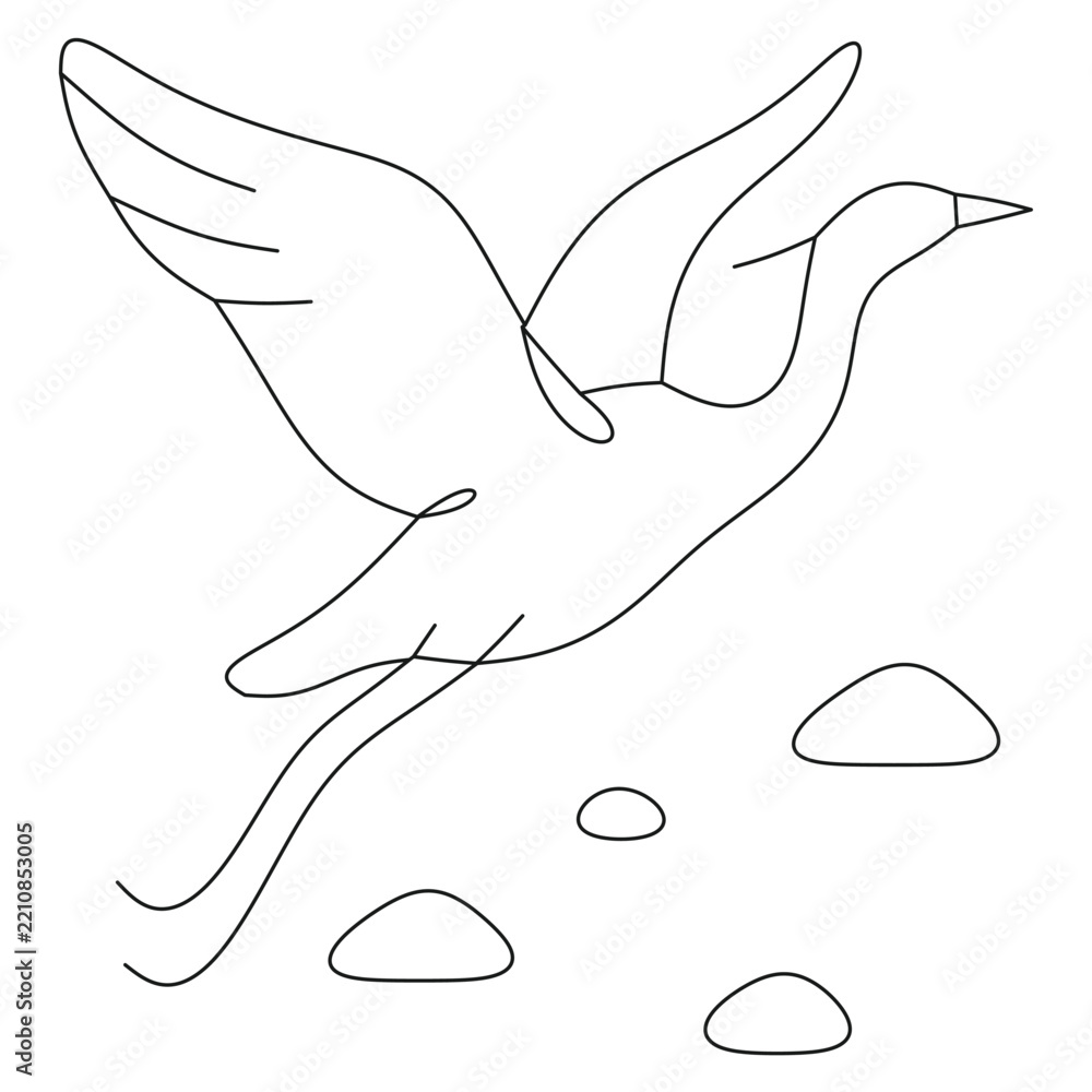 Obraz premium Flying Crane Outline Drawing with Stones on White Background for Coloring Page, Tattoo, Stencil, Embroidery.