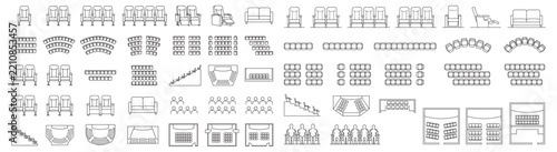 Theater Seating And Auditorium Layout CAD Icons Showing Seats, Rows, Stage, And Seating Charts
