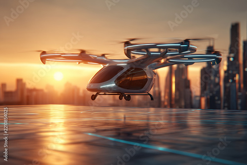 Electric eVTOL Aircraft Landing on Vertiport Terminal Rooftop in Modern City at Sunset