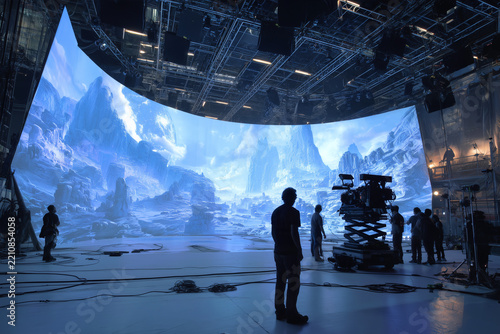 Virtual Film Production Set with Camera Crew Working in Front of Curved LED Screen