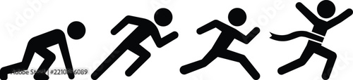 Dynamic stickman running sequence showing progressive movement, speed and athletic motion from crouching start to full sprint