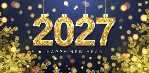 Christmas banner with snowflakes and numbers 2027. Gold glitter and bright bokeh. Vector.