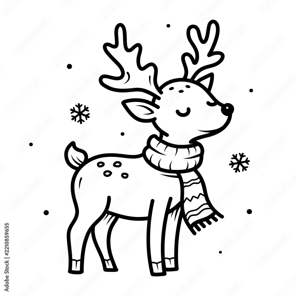 Obraz premium Cute smiling reindeer wearing a winter scarf, surrounded by snowflakes. Black and white hand-drawn doodle illustration for Christmas and winter designs.