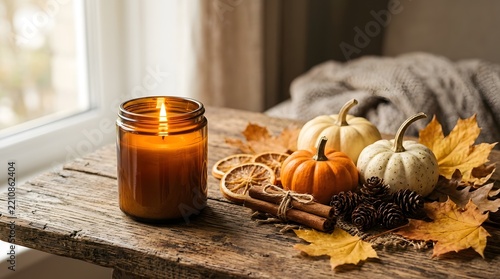 Cozy autumn scene with a burning candle small pumpkins and dried leaves on a rustic wooden table
