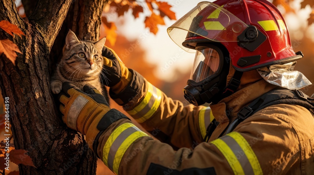 Obraz premium Firefighter in protective gear rescues scared tabby cat stuck in tree trunk. Brave rescuer helps small pet during emergency in autumn forest. Pro firefighter saves animal from danger in backyard park