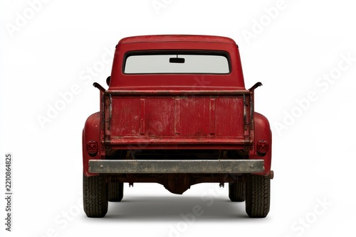 Back of an old red pickup truck against a seamless white backdrop, studio-lit product shot