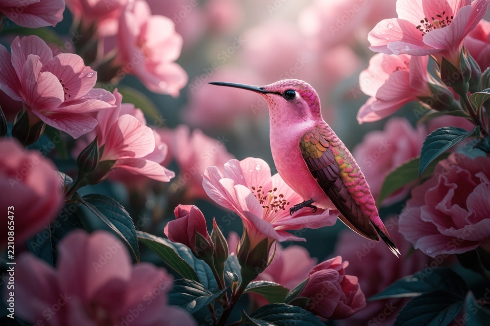 Obraz premium Pink hummingbird perches on delicate flower in garden. Small avian bird with colorful feathers rests among blooming blossoms. Romantic spring nature background features bright flora, soft sunlight.