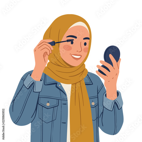 Young woman with hijab putting on make up - vector illustration.