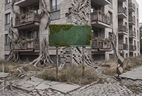 Blank green road sign mockup standing before an overgrown surreal building merged with tree roots