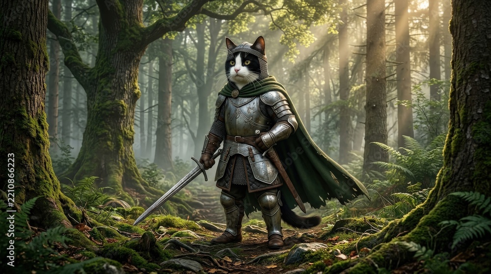 Fototapeta premium Armored Feline with a Green Cloak Beneath Ancient Trees