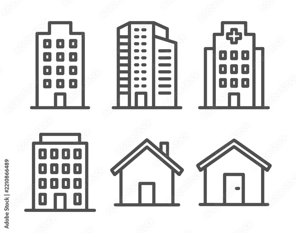 Fototapeta premium Set of Building Icons: A collection of modern and simple line art icons representing various structures. residential building, office building, hospital icon, house symbol, urban architecture.