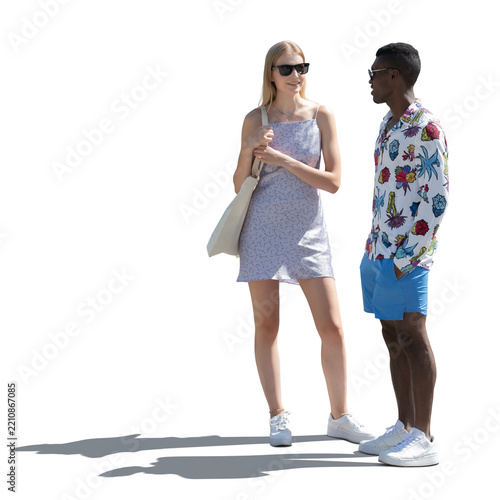 Woman and man standing in backlight in summer and talking isolated on white and transparent background