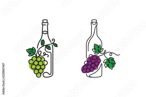 Wine bottles and grapes illustration in vector line art drawing style
