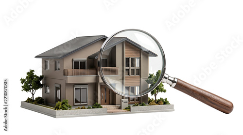 Miniature house model under magnifying glass, real estate inspection concept, property search and evaluation background