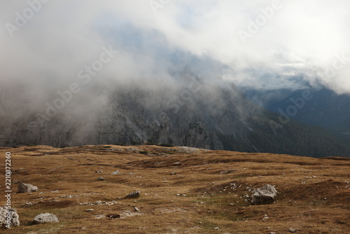 Fog and Low Clouds over Dolomite Mountains near Tre Cime Italy