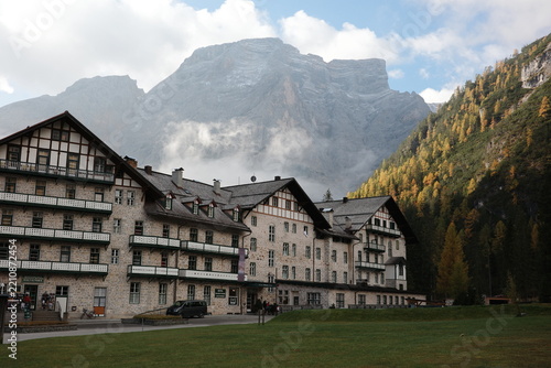 Alpine Hotel beneath the Dolomite Mountains at Lago di Braies Italy