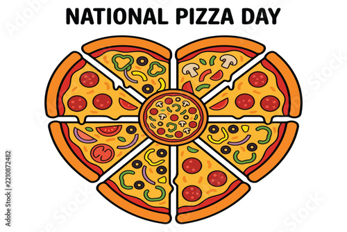 Heart shaped pizza slices with pepperoni and vegetables for national pizza day