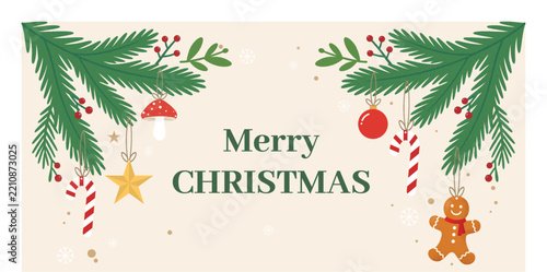 Merry Christmas Holiday Poster with Pine Branches, Ornaments and Gingerbread